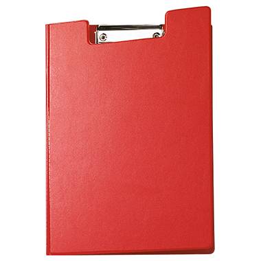 Red clipboard folder with metal clip at the top.