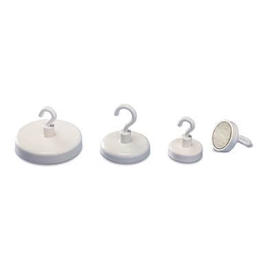 Four white hook magnets of varying sizes lined up side by side on a white background.