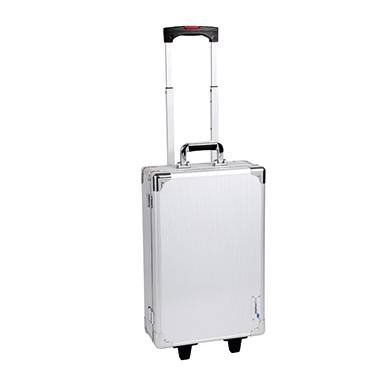 A silver travel suitcase with an extendable handle and wheels, suitable for business or holiday trips.