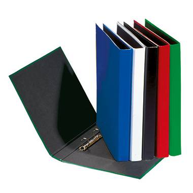 Five colourful folders in different colours are standing upright. The front folder is open and reveals metal rings inside.