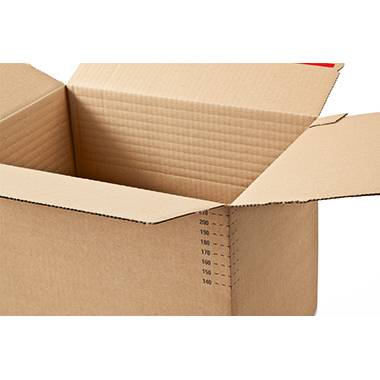 Open brown cardboard shipping box with height measurements marked on the inner side. Ideal for dispatching goods of varying sizes.
