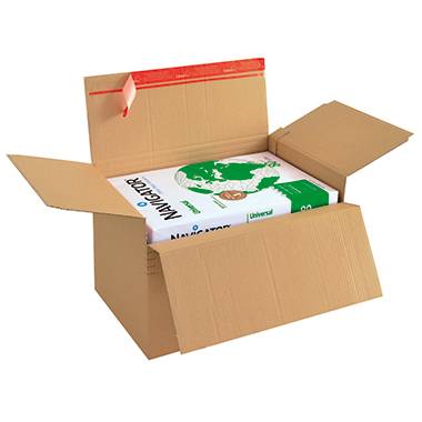 An open cardboard box containing a pack of 'Navigator' printer paper.