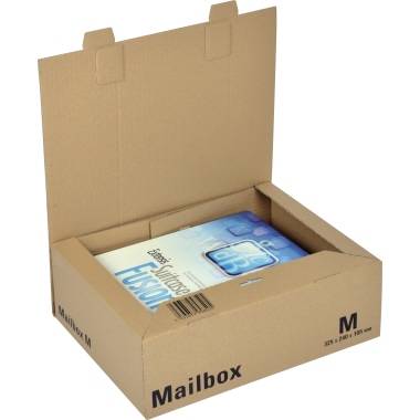 An open brown cardboard box labelled 'Mailbox M', containing a document or magazine that is partially visible.