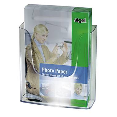 A brochure holder made of transparent plastic, containing multiple brochures with green and white design featuring the words 'Photo Paper'.