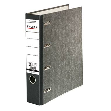 A grey lever arch file with 'FALKEN' printed on the spine label, featuring four metal rings and a finger hole for easy retrieval.