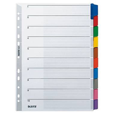 Ring binder with coloured tabs, numbered from 1 to 10, used for document organisation. Left-hand hole punched for filing systems.