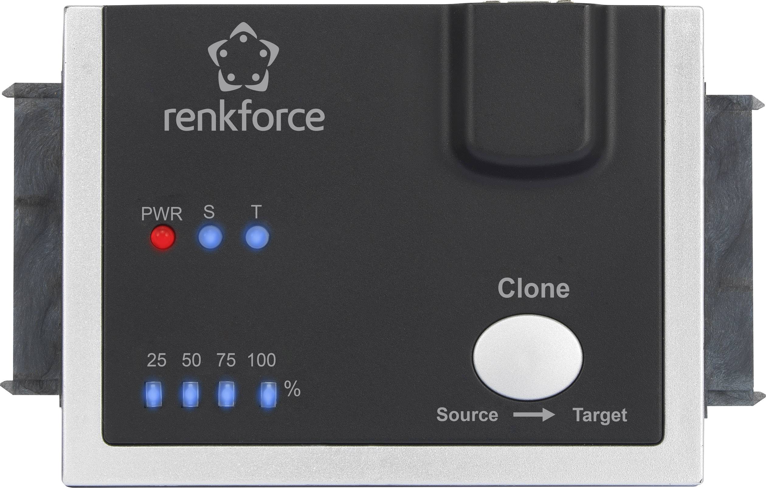 A black and grey device with the inscription 'renkforce' and 'Clone'. LED indicators for PWR and percentage (25 to 100). Button for 'Source' and 'Target'.