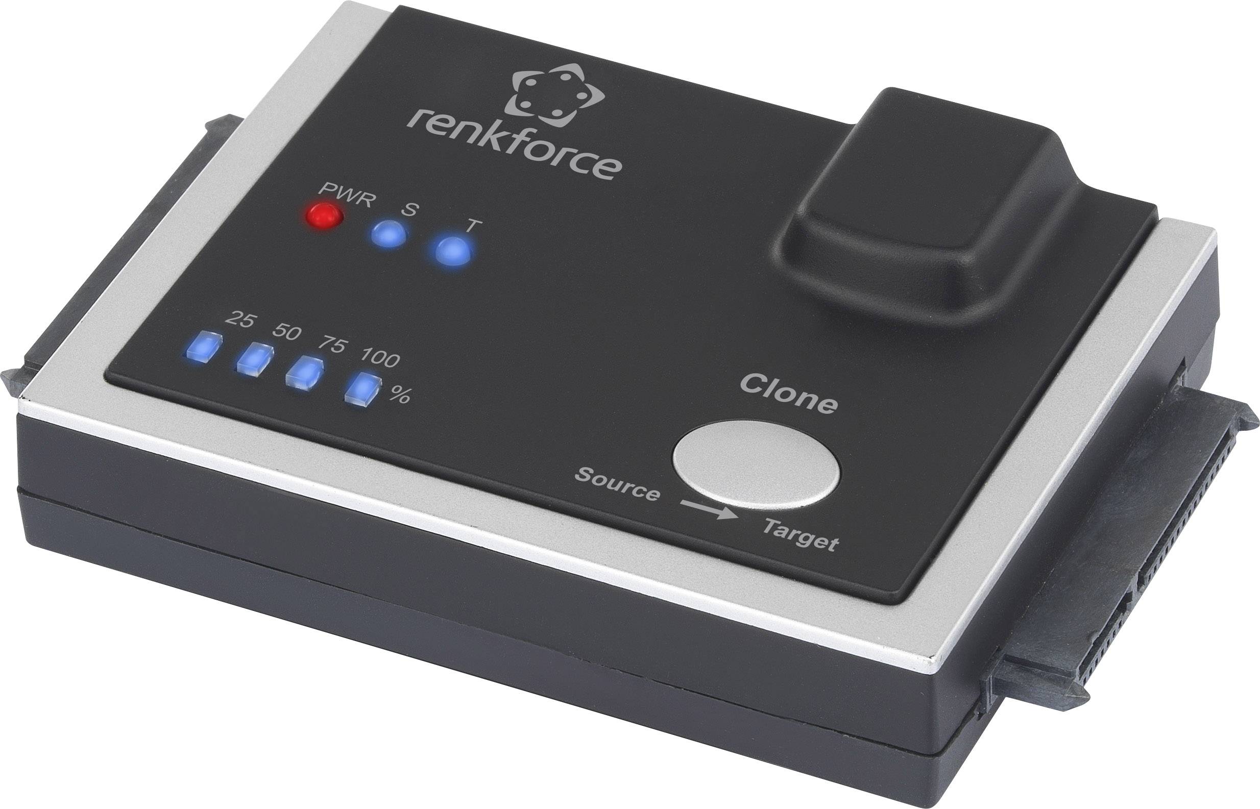 A cloneable storage device by Renkforce with LED indicators for progress display and buttons for selecting source and destination.