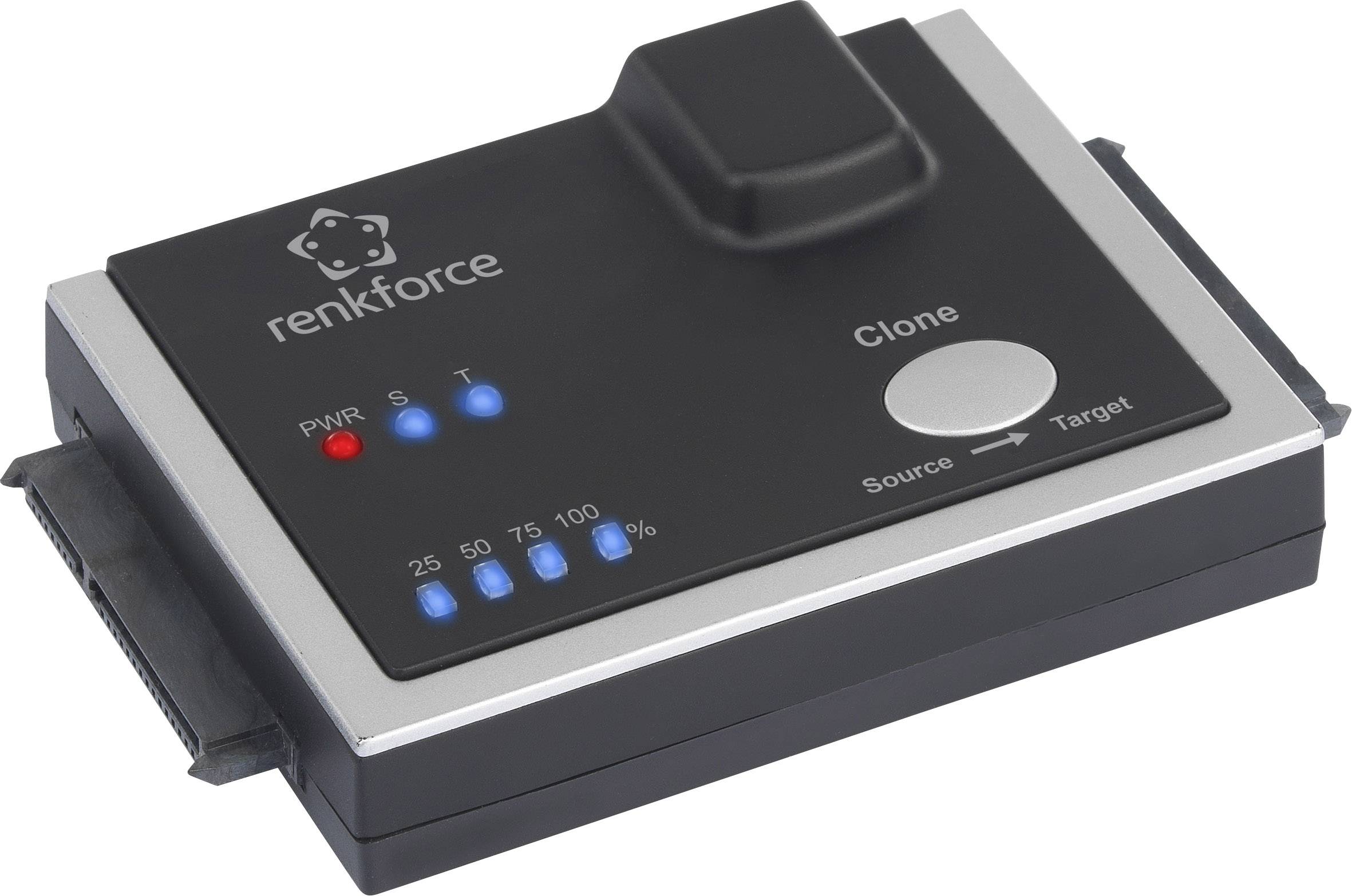 External hard drive duplication device with LED indicators for power, status, and progress. One button for cloning.