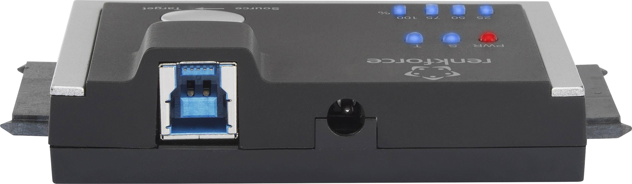 A black adapter with a blue USB port and multiple indicator lights. Label reads: 'renkforce'.