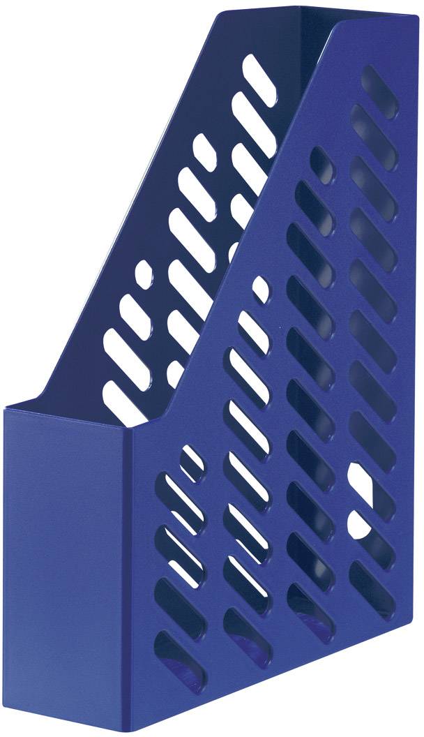 Blue plastic document stand with open mesh sides for storing documents or magazines in an upright position.