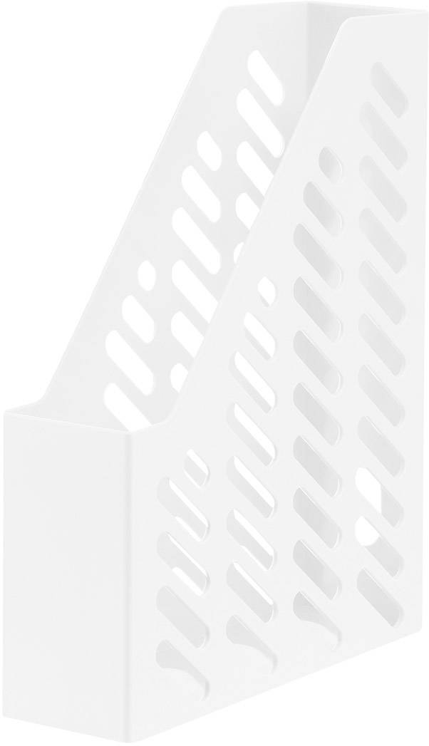 White, vertical magazine holder with diagonal ventilation slots. Suitable for storing magazines or documents.