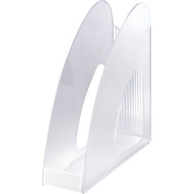 A transparent magazine rack made of plastic with a curved design. Ideal for storing magazines or documents.