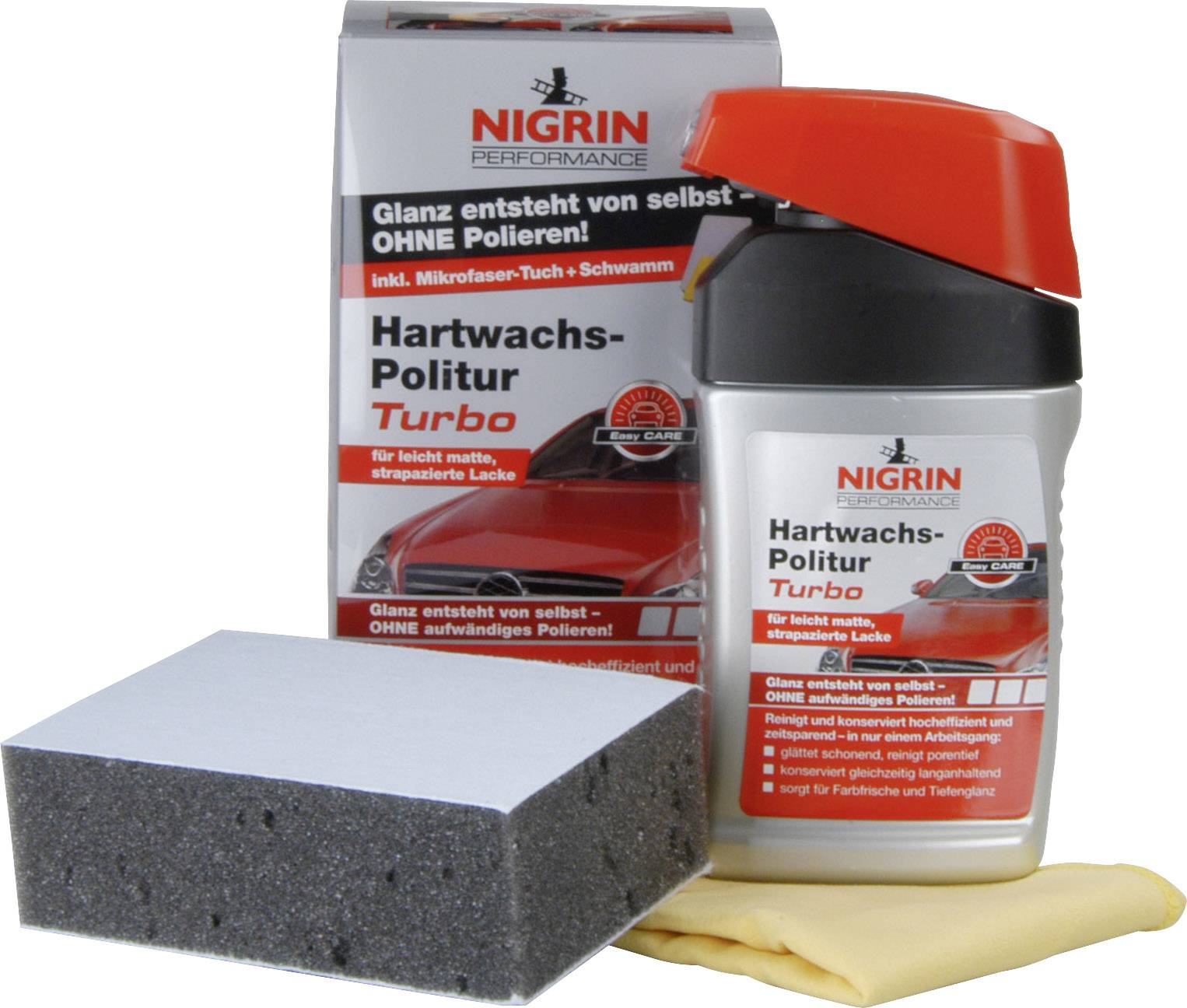 'NIGRIN Performance Hard Wax Polish Turbo' consisting of a bottle, sponge and cloth, for caring for matte paintwork.