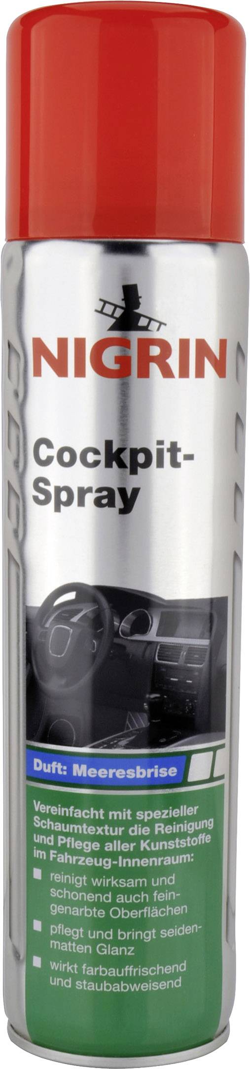 Spray can 'Nigrin Cockpit Spray' with fragrance 'Sea Breeze'. For cleaning and maintaining plastic surfaces in vehicles.