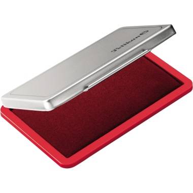 A closed, rectangular ink pad with a silver lid and red border, marked with a brand logo on the top surface.