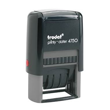 Black self-inking date stamp with the inscription 'trodat printy-dater 4750'. Suitable for stamping dates.