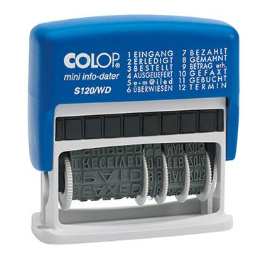 Blue date stamp with rotatable number and text rolls, inscription: 'COLOP mini info-dater S120/WD', 12 different texts selectable.