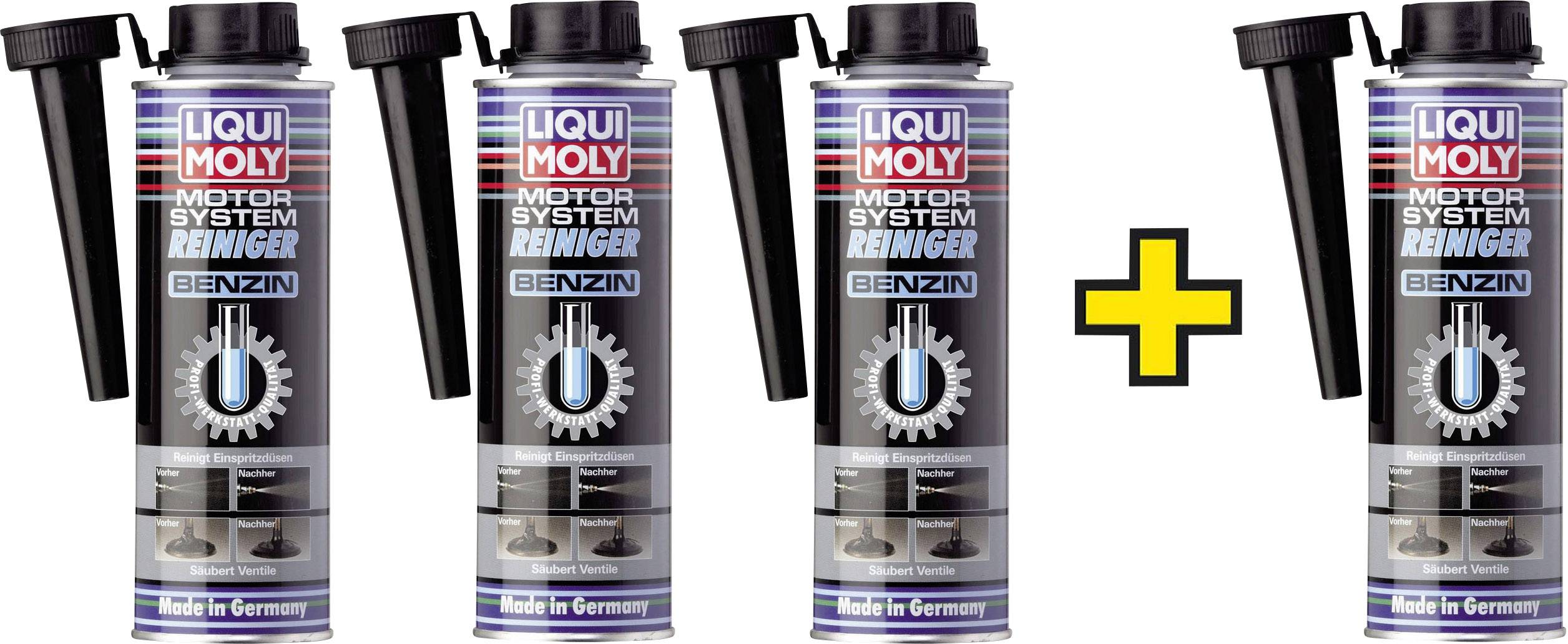 Three cans of Liqui Moly Engine System Cleaner for Petrol lined up with extension tube, plus sign for promotion.