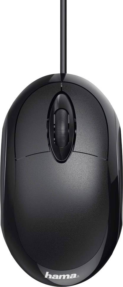 Black cable mouse viewed from above, 'hama' brand name on the front, with scroll wheel in the middle, ergonomic design for computer.