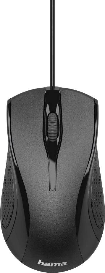 Black wired computer mouse with ergonomic design, two buttons and a scroll wheel. 'Hama' brand logo on the front.
