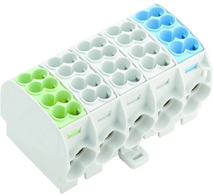 A multi-coloured electrical connector block with green, blue and white terminals for securely connecting wires.