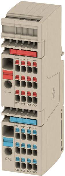 A terminal block with multiple connection points in red and blue for electrical connections, vertical view.