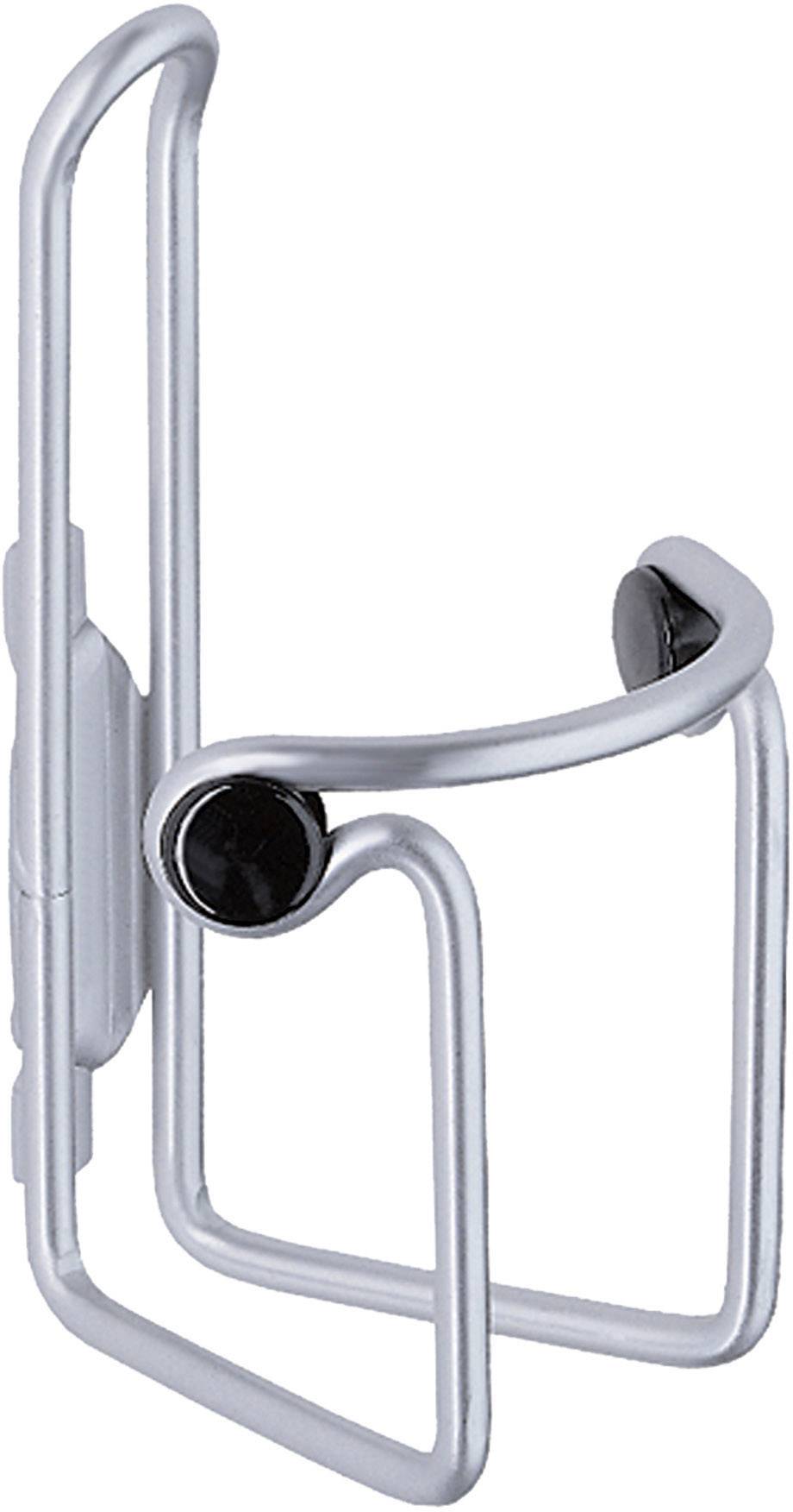 A silver metal bicycle bottle holder suitable for attaching to a bicycle frame. Simple, functional design.