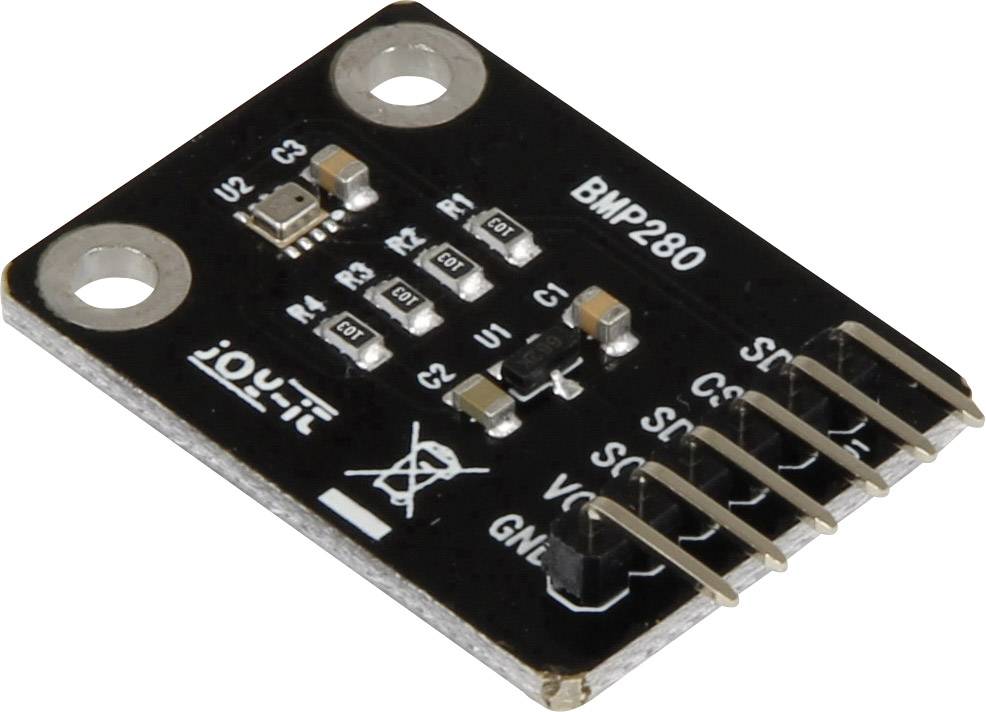 An electronic component on a small circuit board with the inscription 'BMP280'. Contains multiple pins and electronic components.