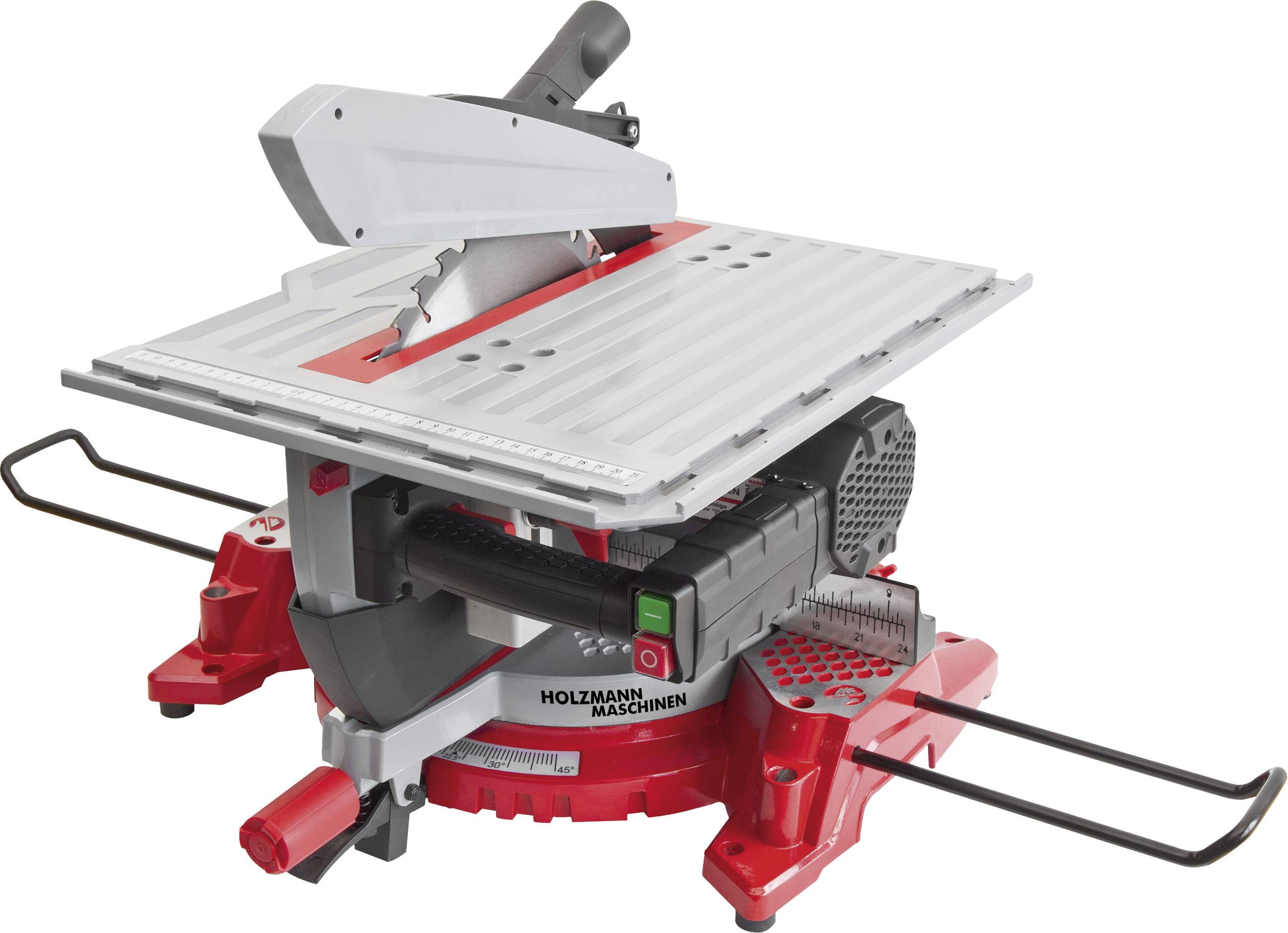 A red and grey Holzmann table circular saw with a protective handle. It is mounted on a stable, rotating base.