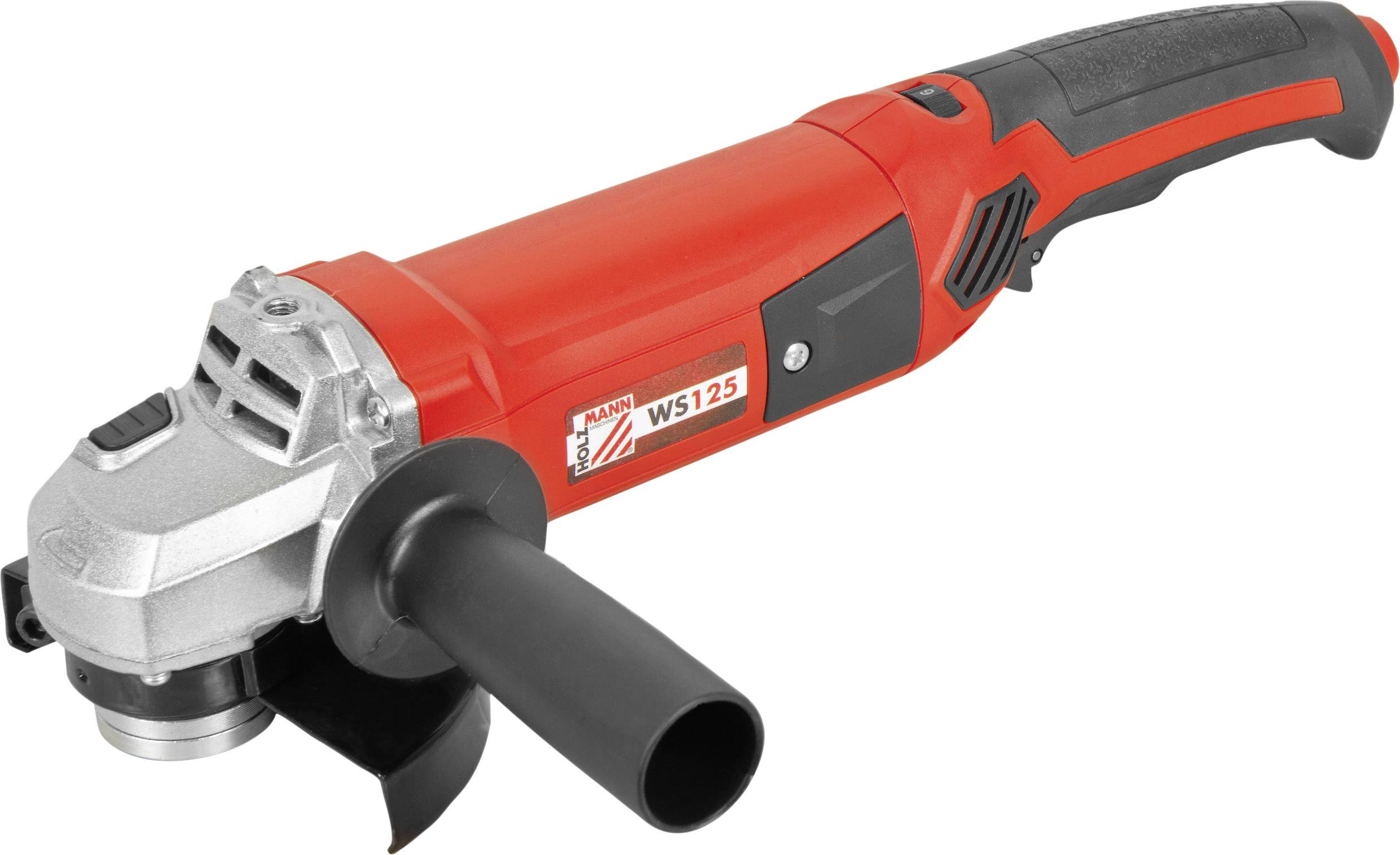 A red angle grinder with a black handle and a label reading 'WS125'.