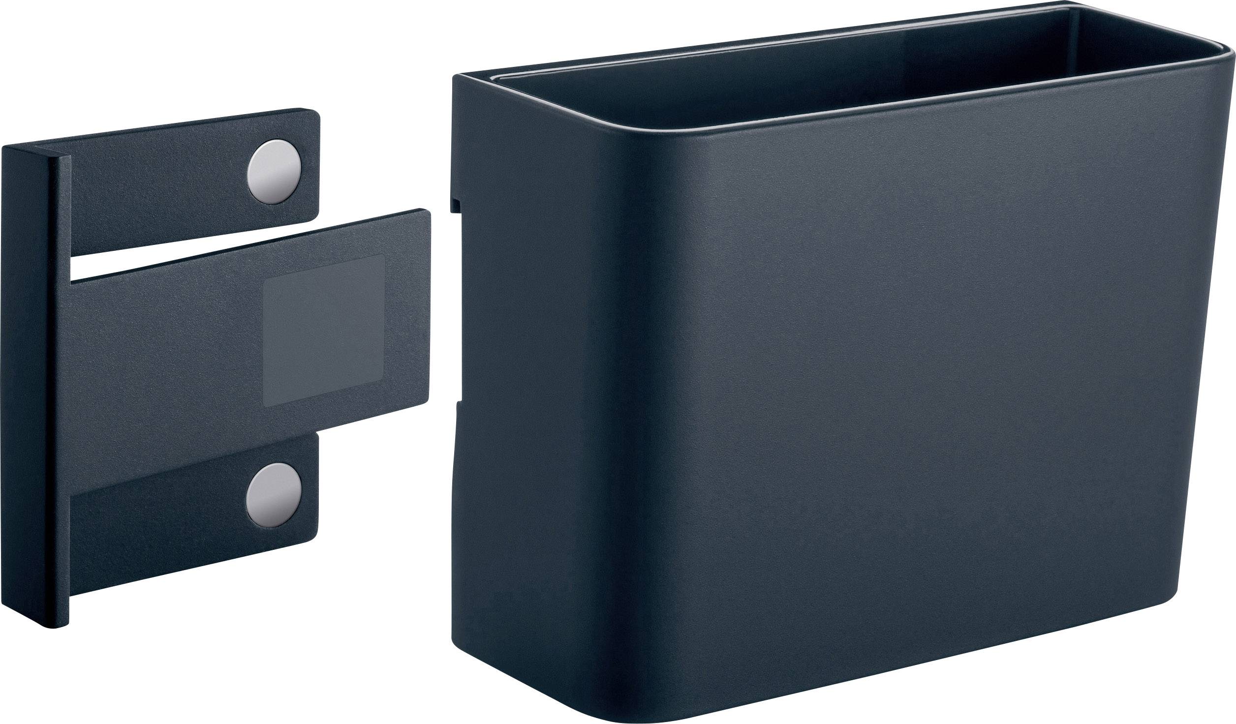 A black, wall-mounted bracket with a rectangular container. Suitable for storing items in the office or bathroom.