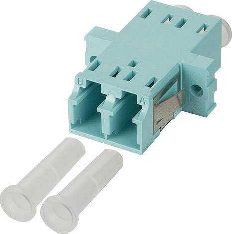 LC-Duplex Fibre Optic Coupling with Two Protective Caps, Teal. Suitable for Fibre Optic Connections.