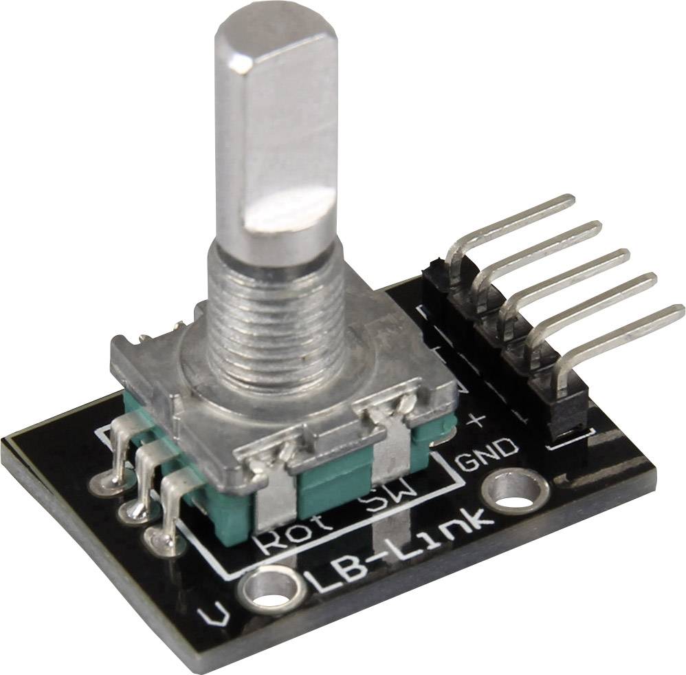 A rotary encoder mounted on a circuit board with multiple connection pins, commonly used in electronic projects for detecting rotational movements.