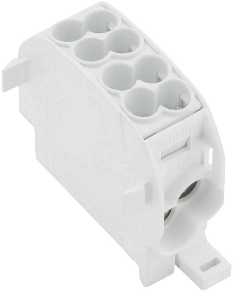A white electrical connector with multiple terminal blocks, suitable for electrical wires in an enclosure.
