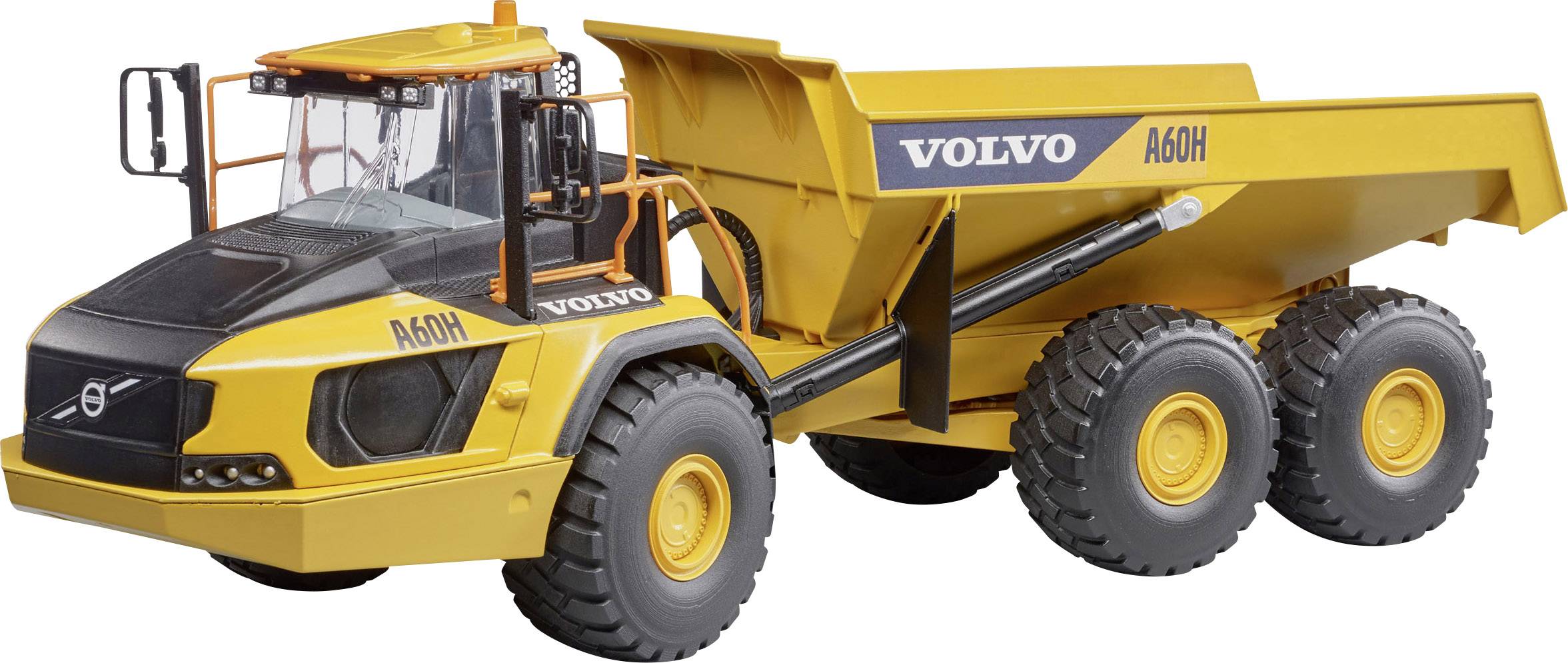 Yellow Volvo articulated dump truck model A60H with six large wheels and tilted load body.