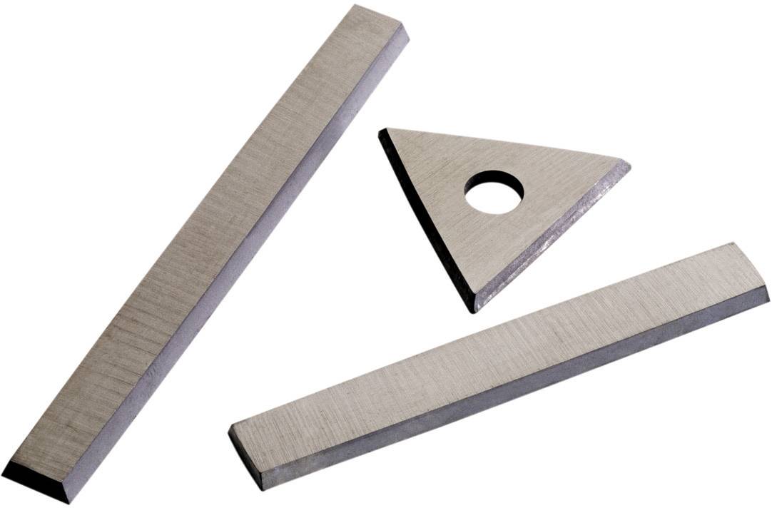 Metal tools: two rectangular and one triangular piece, all with sharp edges, suitable for cutting or engraving.
