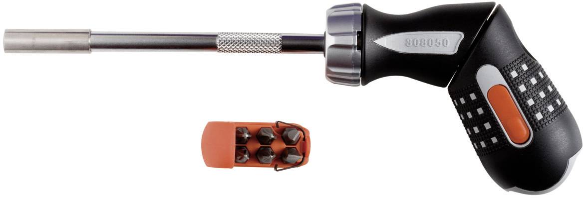 An ergonomic screwdriver with multiple bits placed in a separate holder beside it. Ideal for versatile applications.