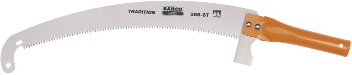 A curved handsaw with an orange handle; marked 'Bahco 380-6T'. Ideal for cutting trees or branches.