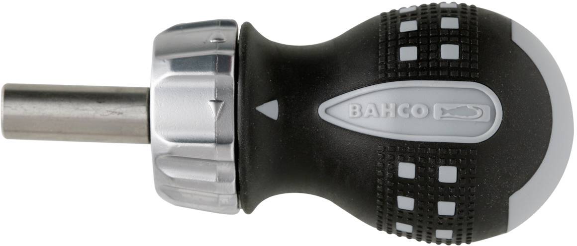 A compact screwdriver with a short, round handle made of black rubber and silver accents. 'Bahco' branding visible.