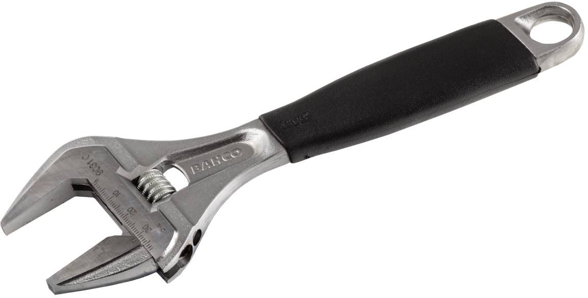 Adjustable spanner with black handle, suitable for various screw sizes.