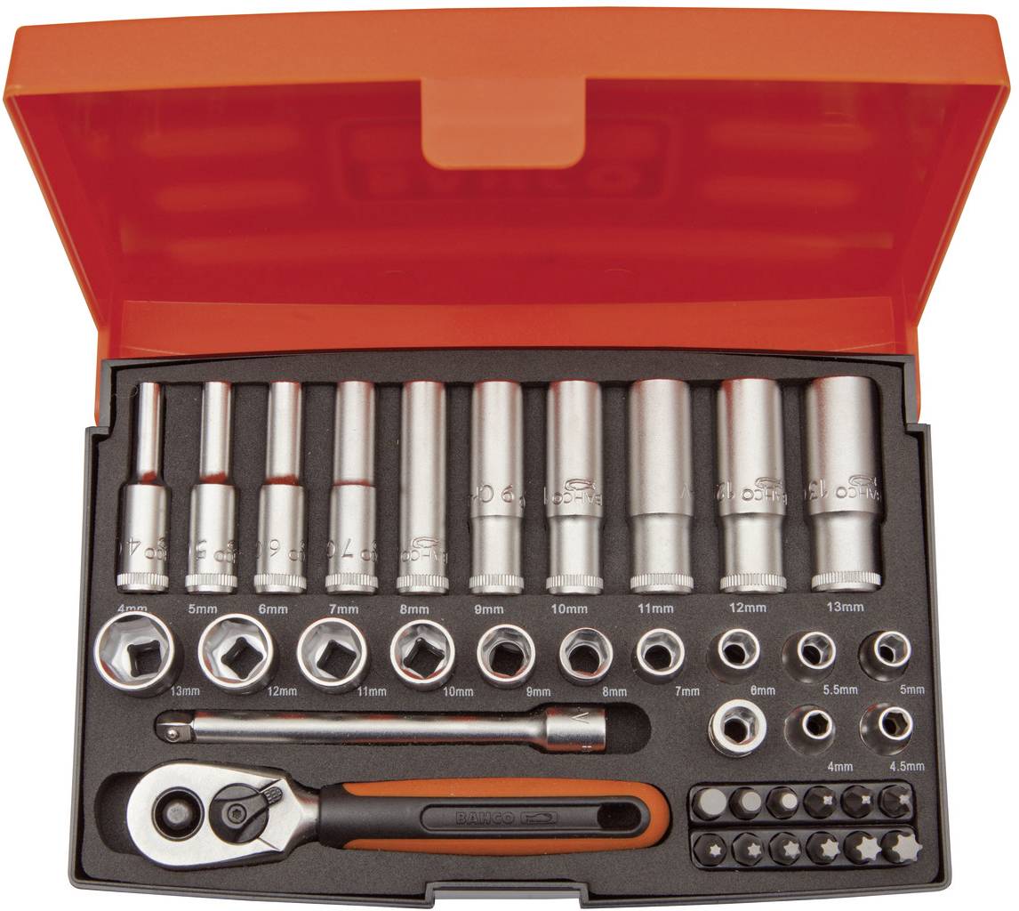 A spanner set in an open red box. Contains various socket attachments and a ratchet, arranged by size.