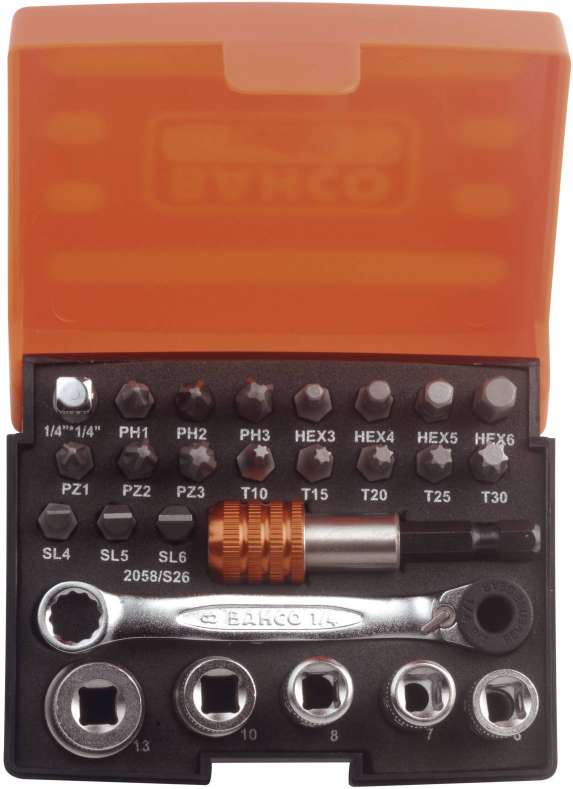 A screwdriver set with various bits and attachments, organised in an orange box. Includes bits such as PH1, T20, and HEX4.