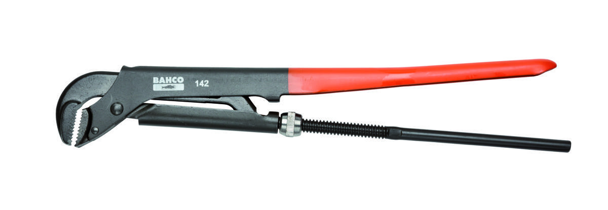 A red and black water pump pliers, model 'Bahco 142', on a white background. Suitable for gripping and holding pipes.