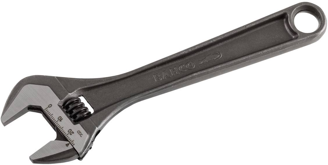 An adjustable metal spanner, grey with a scale for size adjustment.