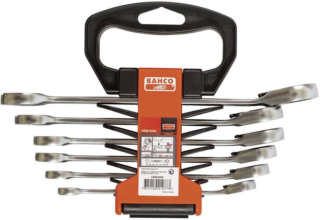 A set of six double-ended spanners in various sizes, compactly held together in a portable holder with a handle.