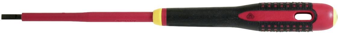 Cross-head screwdriver with insulated handle, red and black, suitable for electrical work.
