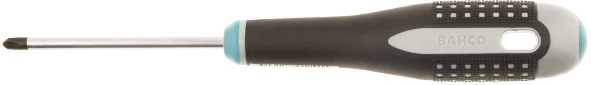 Screwdriver with a black handle and silver blade, lying on its side.