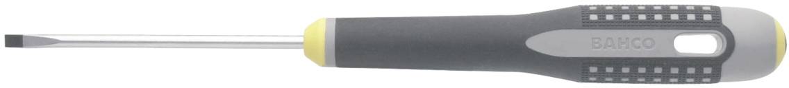 Flat-head screwdriver with a black handle and yellow accents, marked with 'BAHCO'.