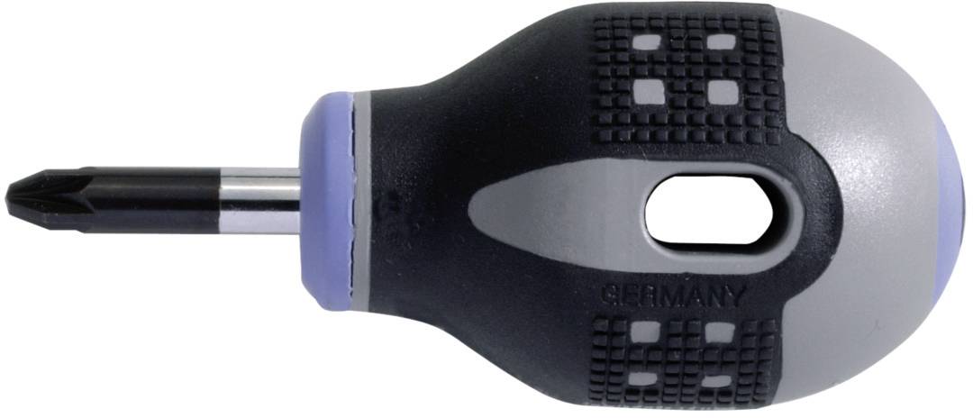 Phillips screwdriver with an ergonomic handle and short shaft, helpful for precise work in confined spaces.